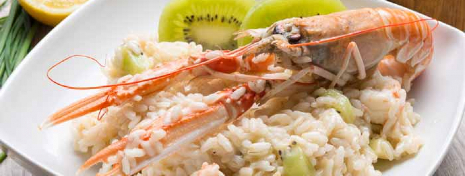 Arroz com camarão scampi e kiwi