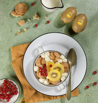 Eggless tiramisù with yellow kiwi and amaretti biscuits