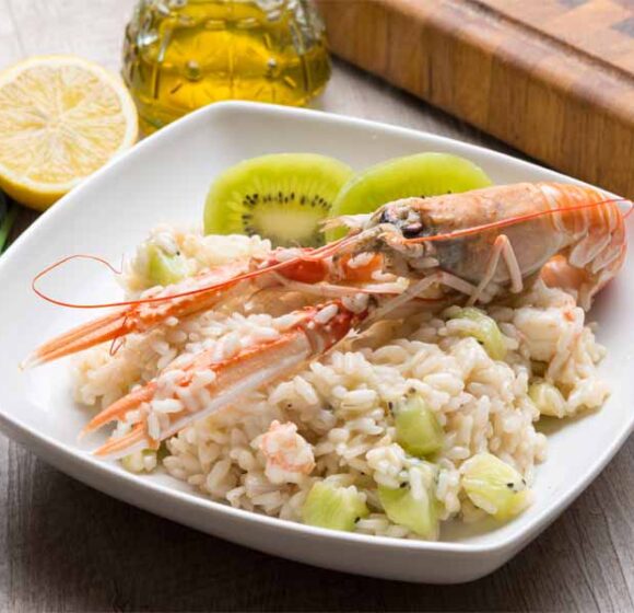 Riso scampi e kiwi