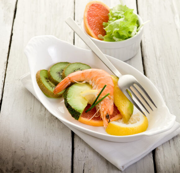 Shrimps and fruit salad
